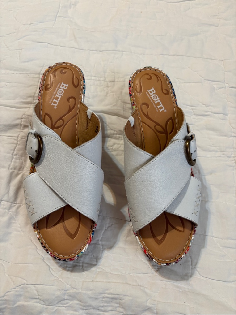 Born White Leather Crisscross Buckle Slide Sandals